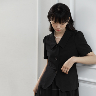 修身 西装 外套女夏季 西服 显瘦短袖 复古翻领泡泡袖 omont蛋挞家 短款