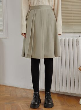 omont蛋挞家 复古高腰不规则百褶半身裙女秋冬中长款显瘦A字裙子