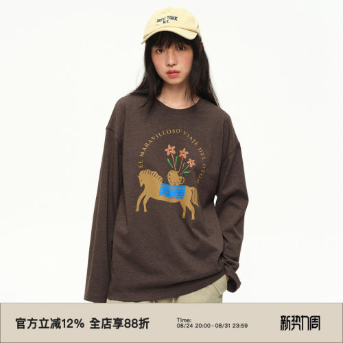 小马印花/圆领宽松休闲长袖T恤