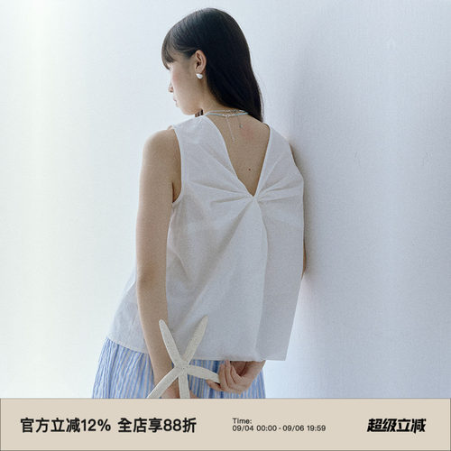 前领捏褶/后背V型扭结无袖衬衫