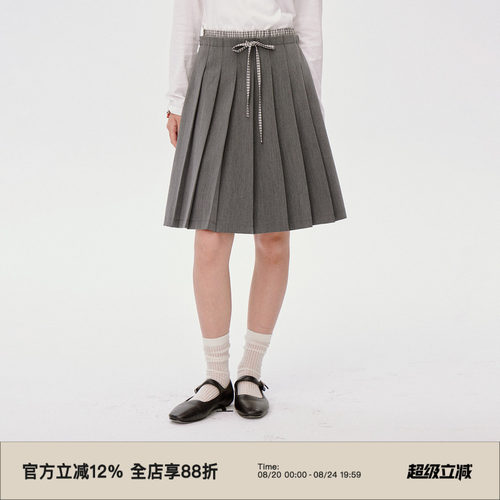 格子拼接腰/中长款百褶半身裙