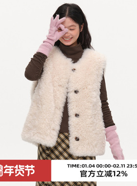 omont蛋挞家复古仿羊羔毛圆领皮草马甲2025冬季宽松叠穿背心上衣