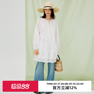 omont蛋挞法式绣花白色长袖连衣裙2026春秋宽松慵懒漂亮中长裙子