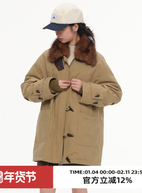 omont蛋挞家复古毛领中长款工装派克羽绒服2025冬90白鸭绒羽绒袄