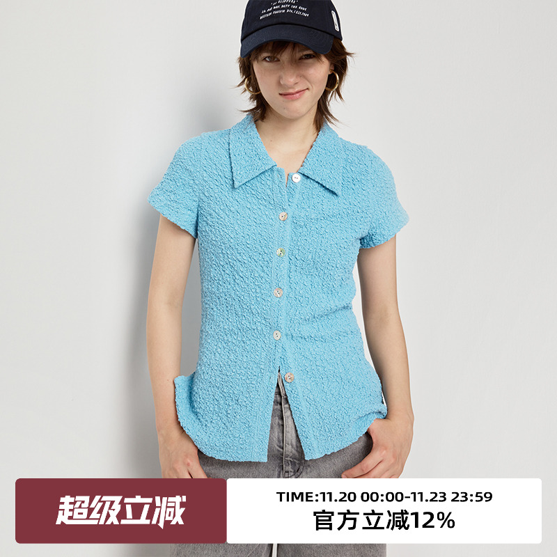 omont蛋挞家修身单排多扣短袖