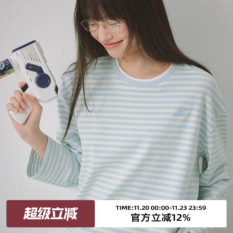 双重领口/条纹拼接/宽松长袖T恤