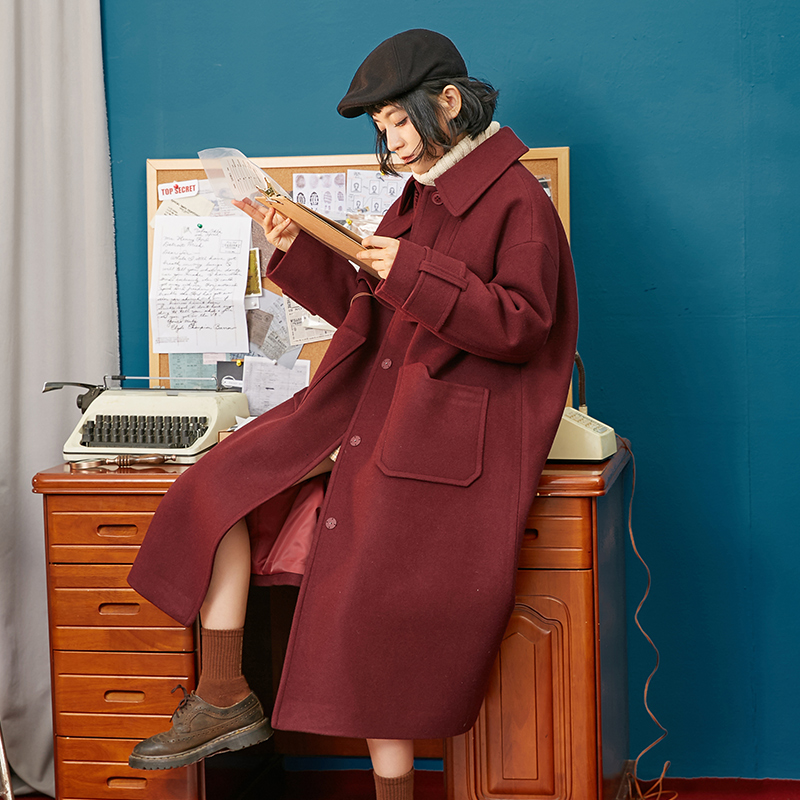 omont蛋挞家 复古毛呢外套女秋冬中长款过膝加厚格子呢子大衣新款