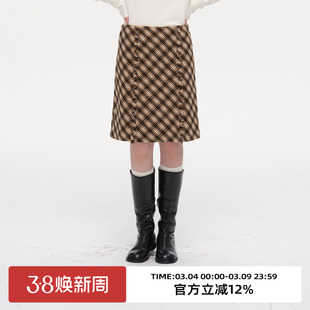 omont蛋挞家复古格纹中长款毛呢裙子2025冬季高腰修身显瘦半身裙