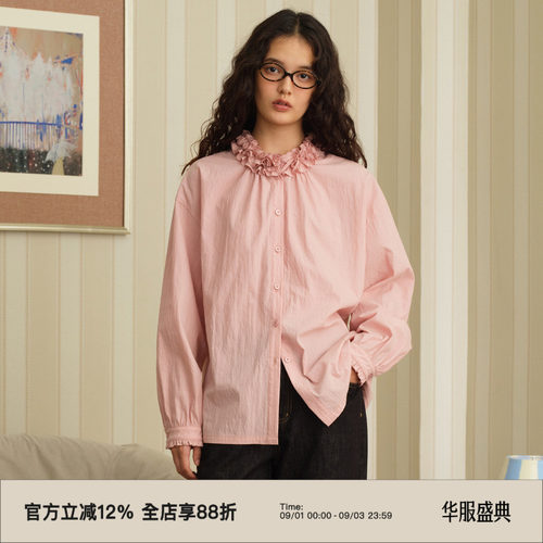 复古花瓣领长袖衬衫宽松衬衣上衣