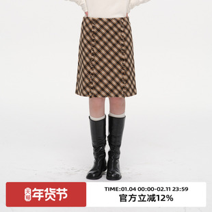 omont蛋挞家复古格纹中长款毛呢裙子2025冬季高腰修身显瘦半身裙