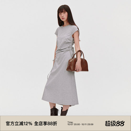 侧腰不对称抽绳/短袖连衣裙