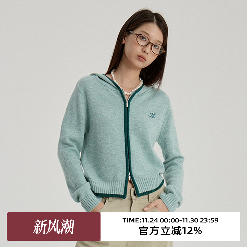 omont蛋挞家羊毛混纺连帽针织衫