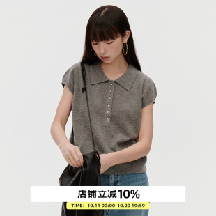毛衣上衣 秋灰色短袖 omont蛋挞家100%羊毛复古polo领小飞袖 针织衫