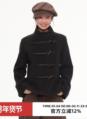 omont蛋挞家50%绵羊毛复古牛角扣毛呢外套2025冬季收腰修身短大衣
