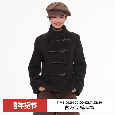 复古牛角扣收腰短款毛呢外套