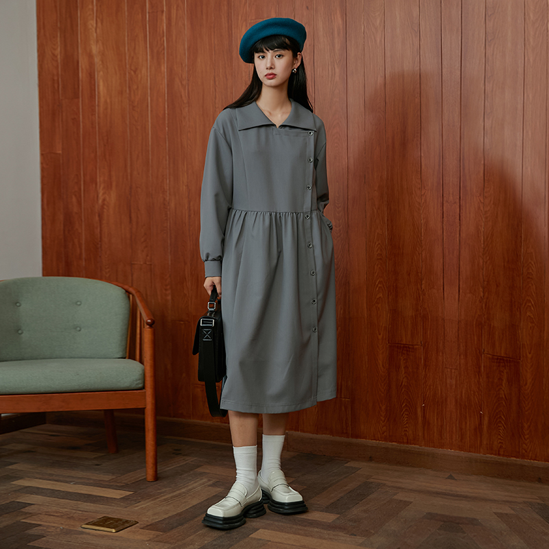 翻领衬衫连衣裙omont复古不规则