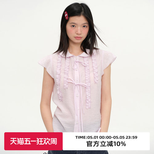 复古小飞袖绑带木耳边短袖衬衫