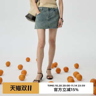 做旧显瘦a字短裙子 新款 omont蛋挞家 复古低腰牛仔半身裙夏季