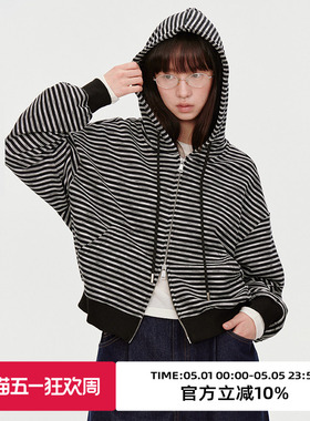 omont蛋挞家 复古条纹连帽卫衣外套春秋季慵懒风宽松休闲上衣