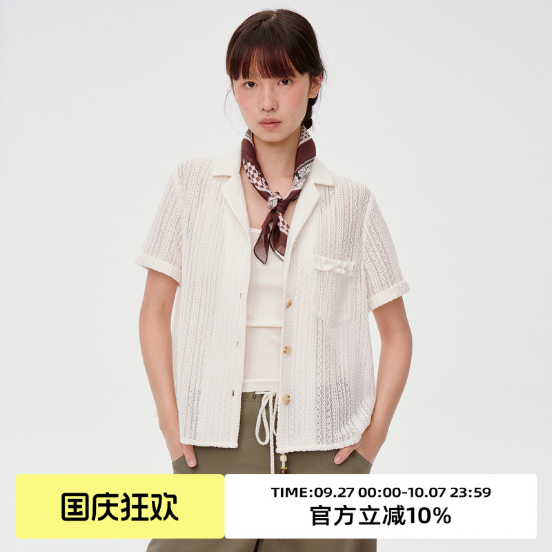 蕾丝面料/木耳边装饰/短袖衬衫