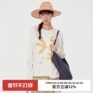 omont蛋挞家复古候鸟印花长袖T恤2025秋季新圆领通勤宽松休闲上衣