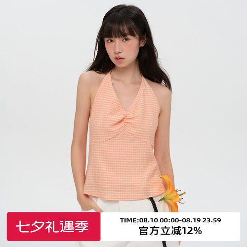 复古挂脖V领格子背心吊带