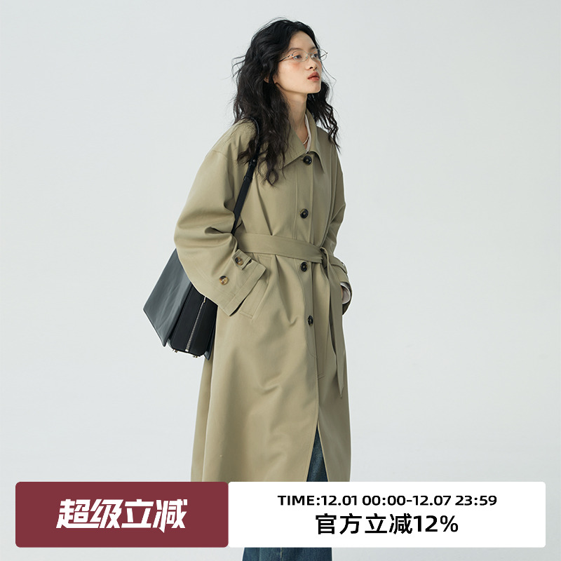 omont灰色中长款风衣外套