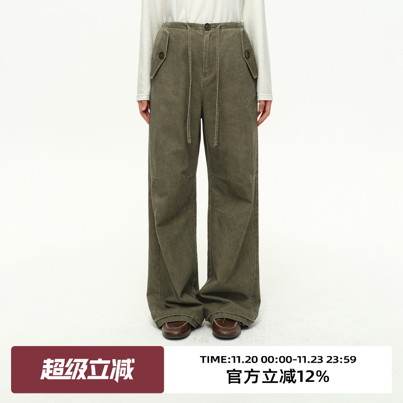 复古做旧松紧腰宽松休闲裤子