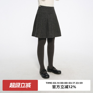 omont蛋挞家复古灰色高腰百褶裙子2025冬季显瘦短款厚毛呢半身裙