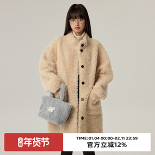 omont蛋挞家100%羊毛圈圈毛立领皮毛一体毛毛外套中长羊羔毛皮草