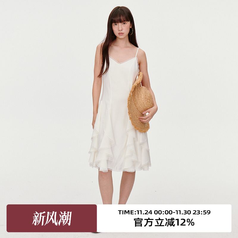 不规则下摆/V领吊带连衣裙