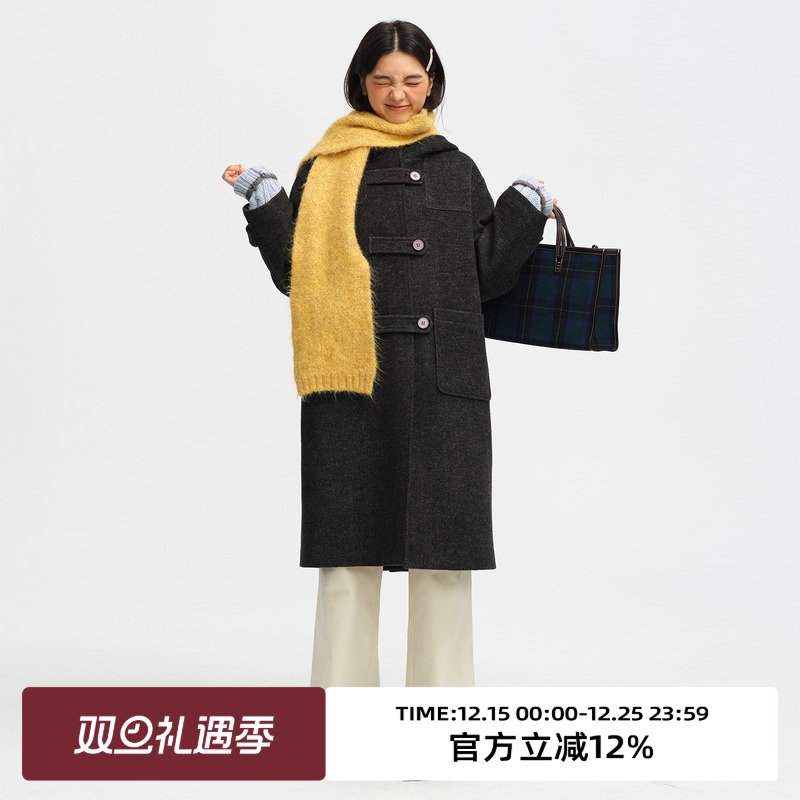 复古连帽长款毛呢外套