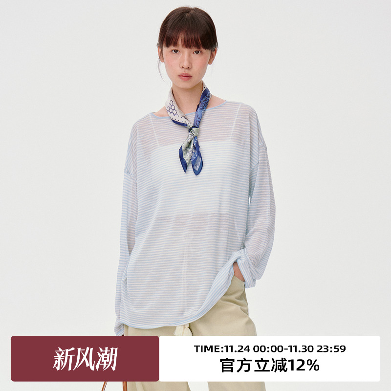 宽松廓形/圆领条纹针织衫