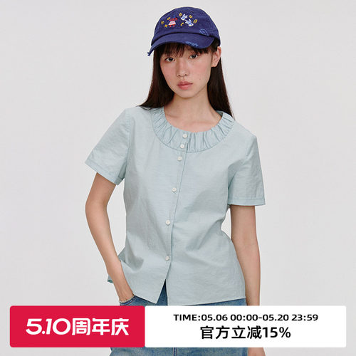 抽皱领/小正肩撞色纽扣短袖衬衫