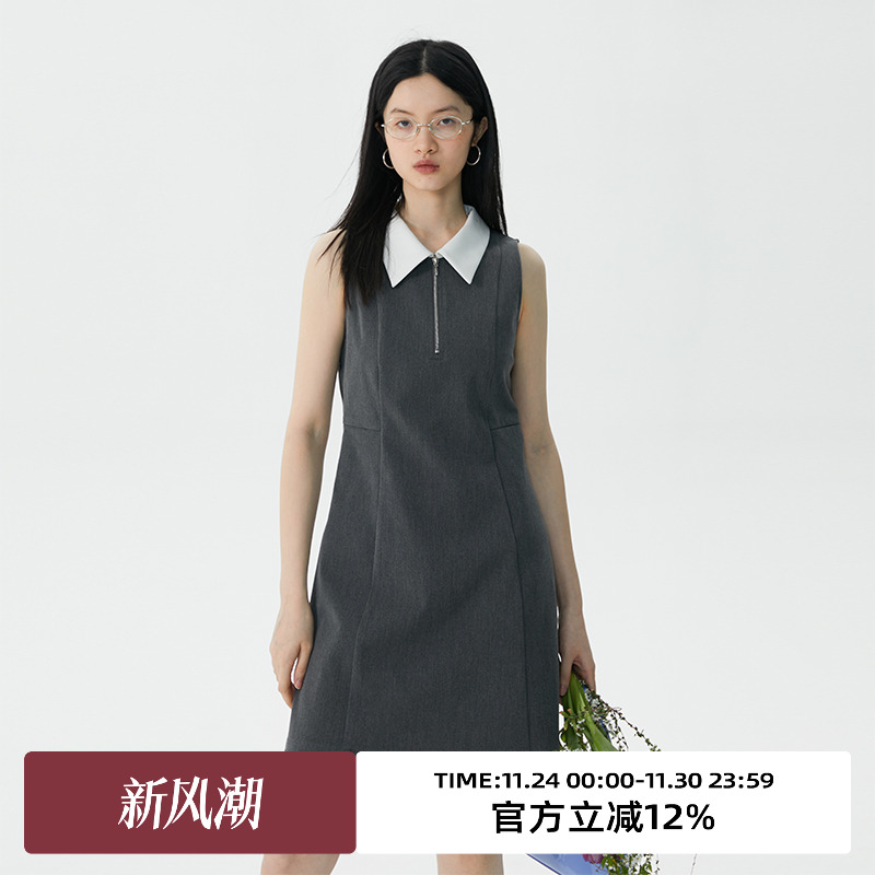 omont复古无袖polo领拉链连衣裙