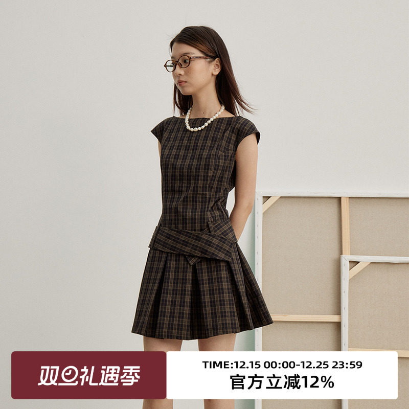 omont蛋挞家复古X型一字肩连衣裙