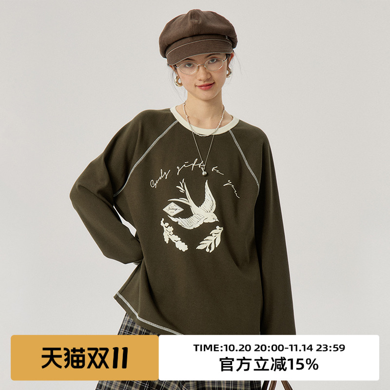 omont蛋挞家 复古撞色拼接长袖T恤春秋圆领宽松显瘦休闲印花上衣