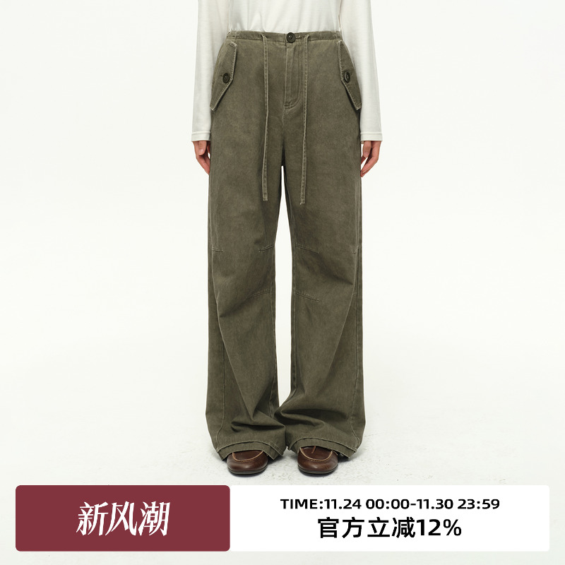 复古做旧松紧腰宽松休闲裤子