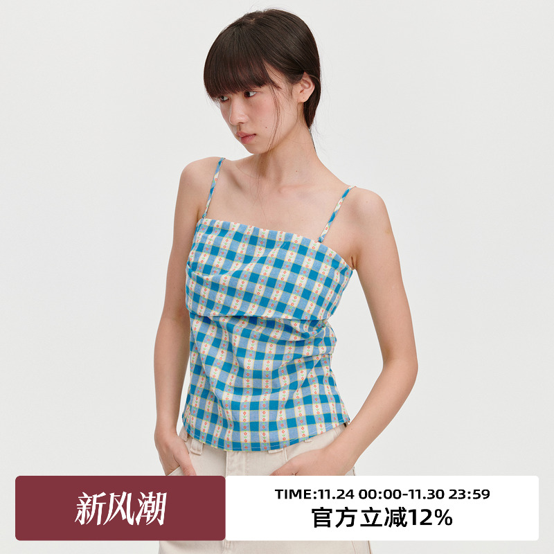 omont蛋挞家复古蓝白格子吊带背心2025夏度假风修身显瘦抹胸上衣