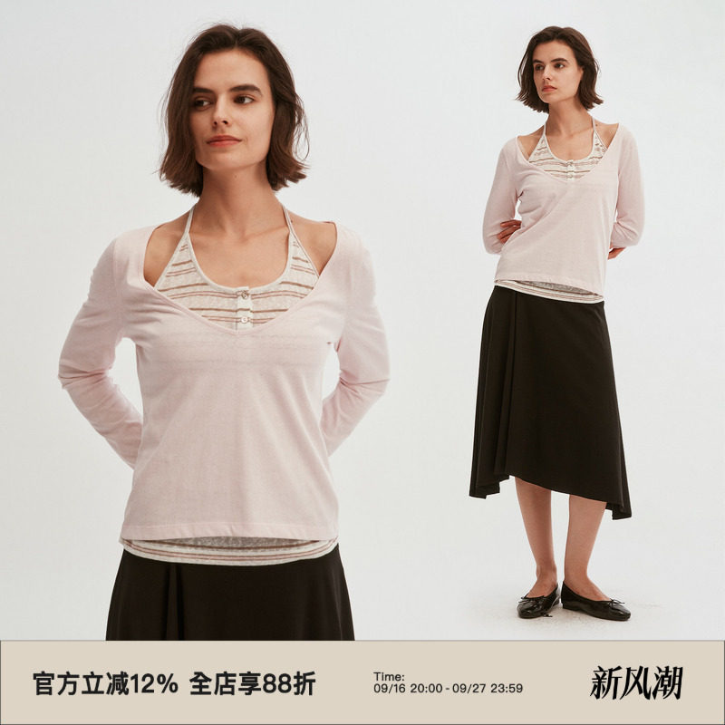 复古假两件挂脖V领长袖T恤图片
