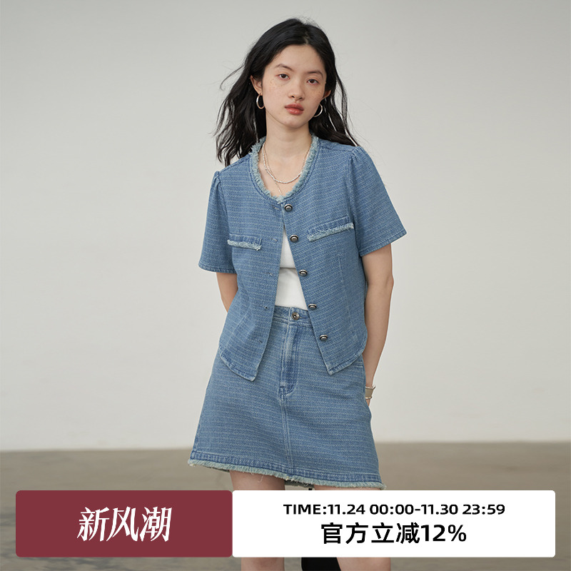 omont复古单排多扣短袖棉混纺