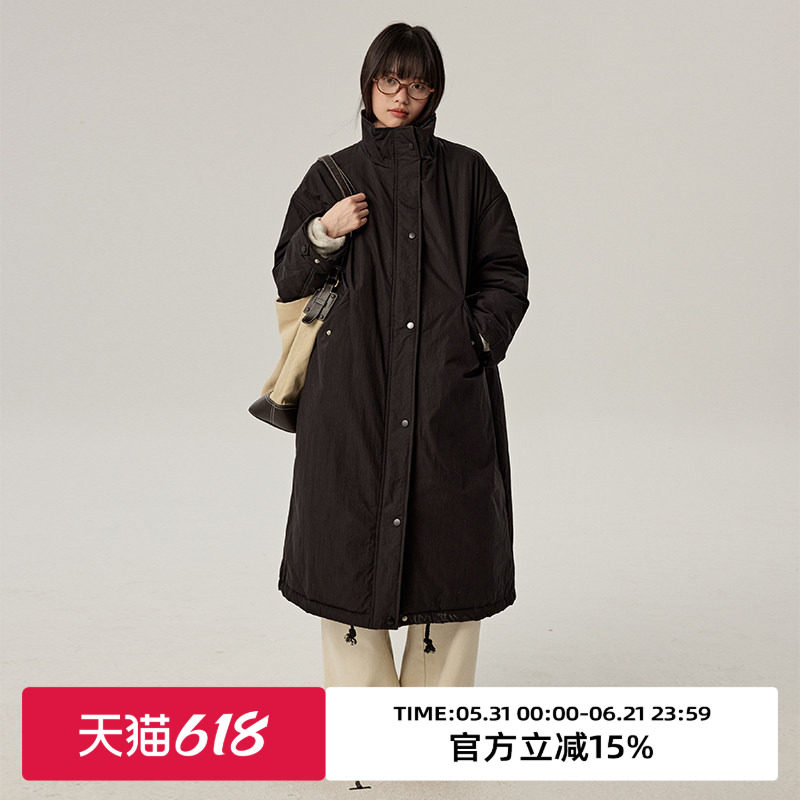 【1/6 20点新品9折】omont蛋挞家复古黑色立领长款保暖厚棉服棉衣