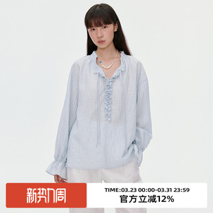 宽松慵懒罩衫 2025夏季 衬衫 omont蛋挞家复古亚麻混纺荷叶边领长袖