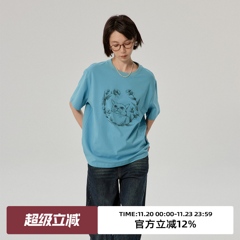 omont蛋挞家短袖复古小猫印花