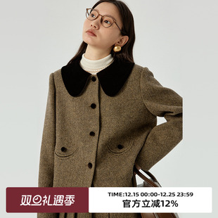 omont蛋挞家 撞色娃娃领毛呢大衣 复古小香风短外套女冬新款