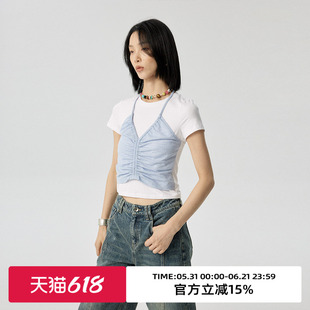 omont蛋挞家 假两件挂脖短袖T恤夏季新正肩修身显瘦半袖上衣