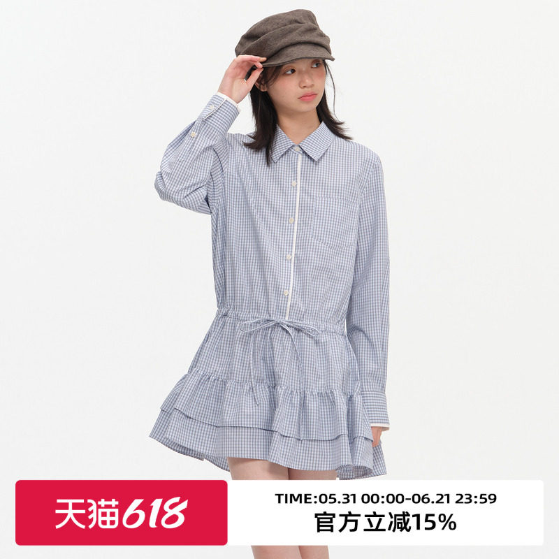 复古格纹收腰显瘦衬衫连衣裙