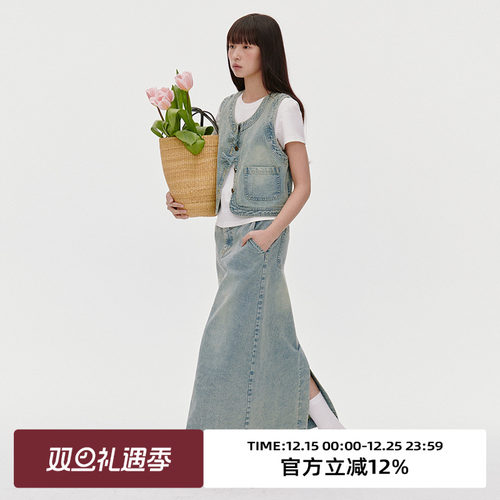 复古水洗/圆领无袖牛仔马甲