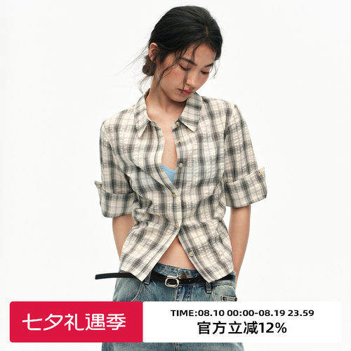 复古格纹修身收腰显瘦短袖衬衫
