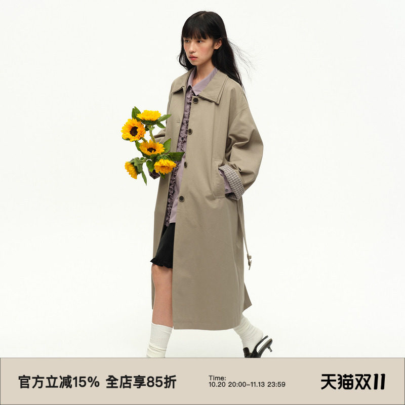 omont蛋挞复古英伦风撞色格纹领风衣外套春秋设计感宽松中长外套